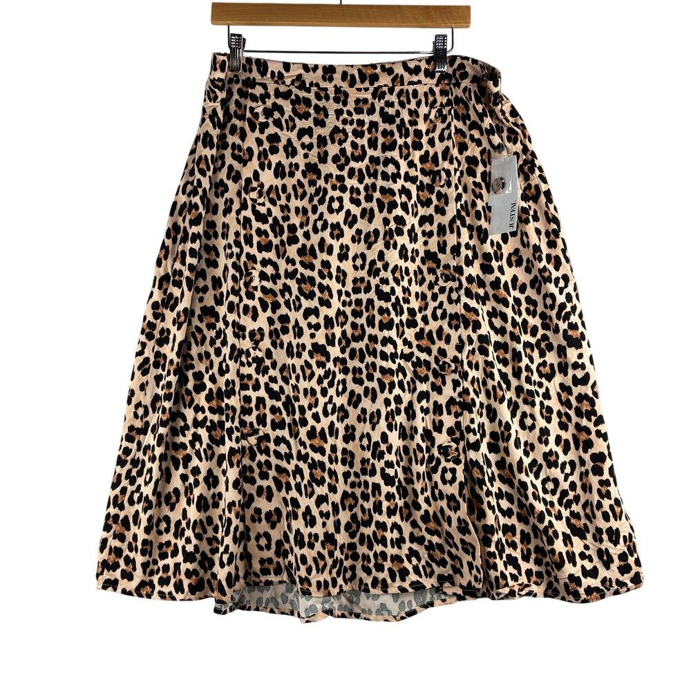 Just Fab Leopard Print Buttoned A Line Midi Skirt Women's 2X Plus Rayon NWT New